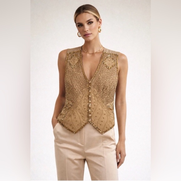 Spenser Jeremy Jackets & Blazers - Vintage Spenser Jeremy Silk Beaded Vest Gold Sequin Embellished Size M Evening